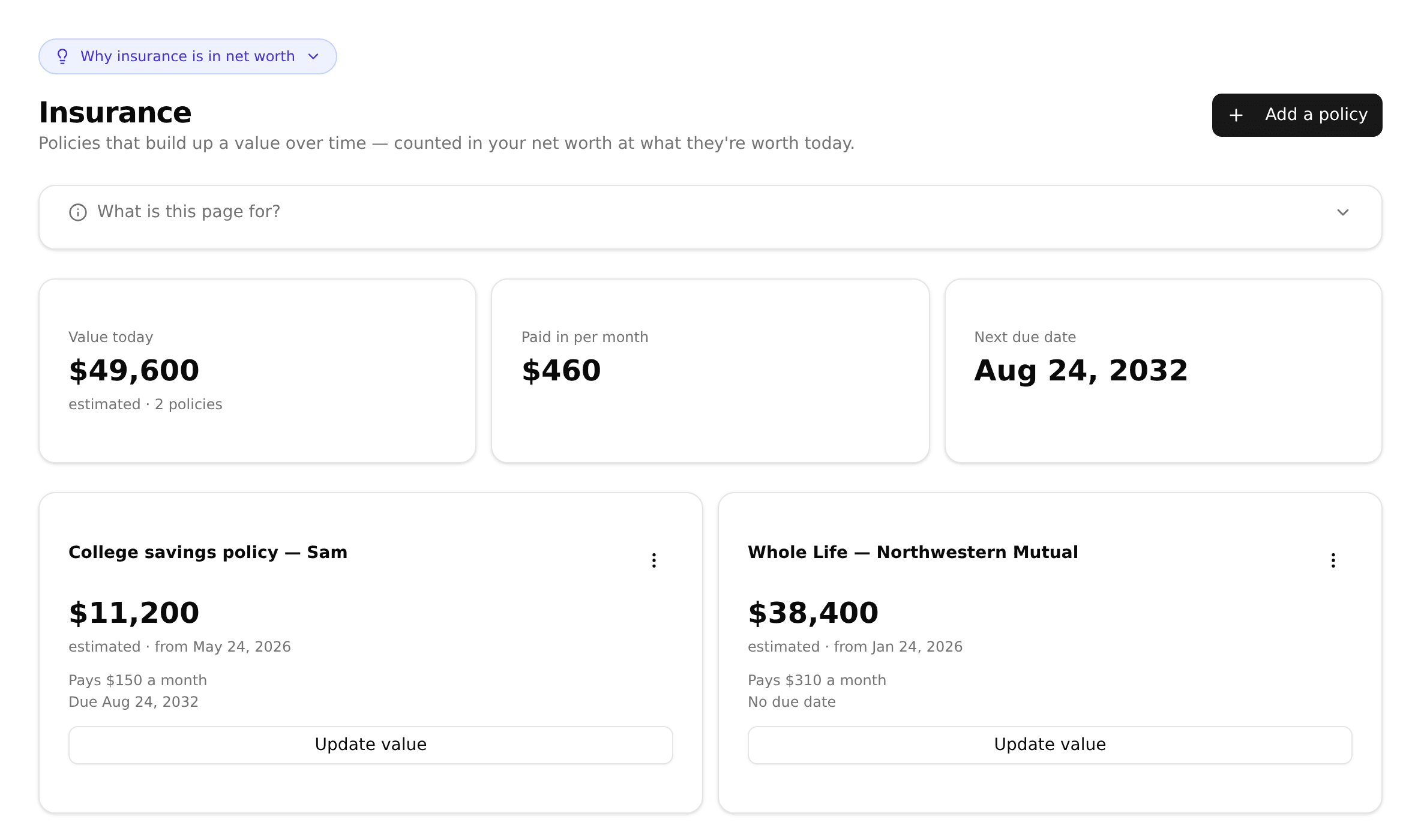 The Insurance page in MFFT: a summary strip reading $49,600 value today across 2 policies, $460 paid in per month and a next due date of Aug 24 2032, above two policy cards for a college savings policy and a whole life policy, each with an Update value button